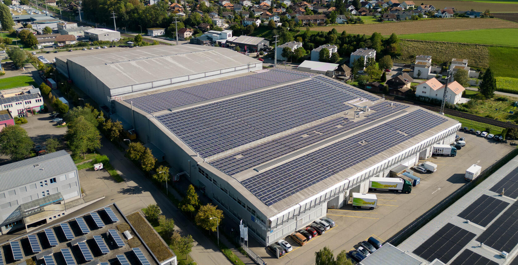 Photovoltaic system on the roof of Alloga, Burgdorf in the background, nice weather